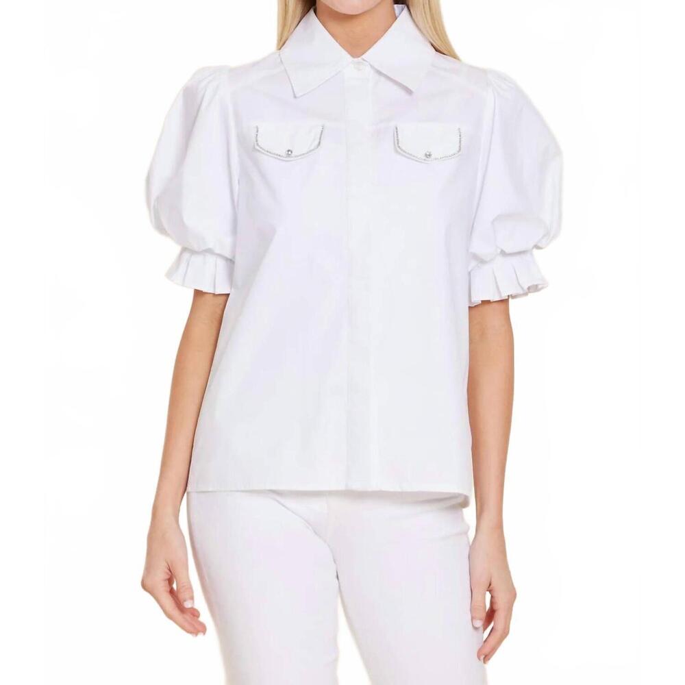 NEW DOLCE CABO poplin rhinestone detail pocket top in white